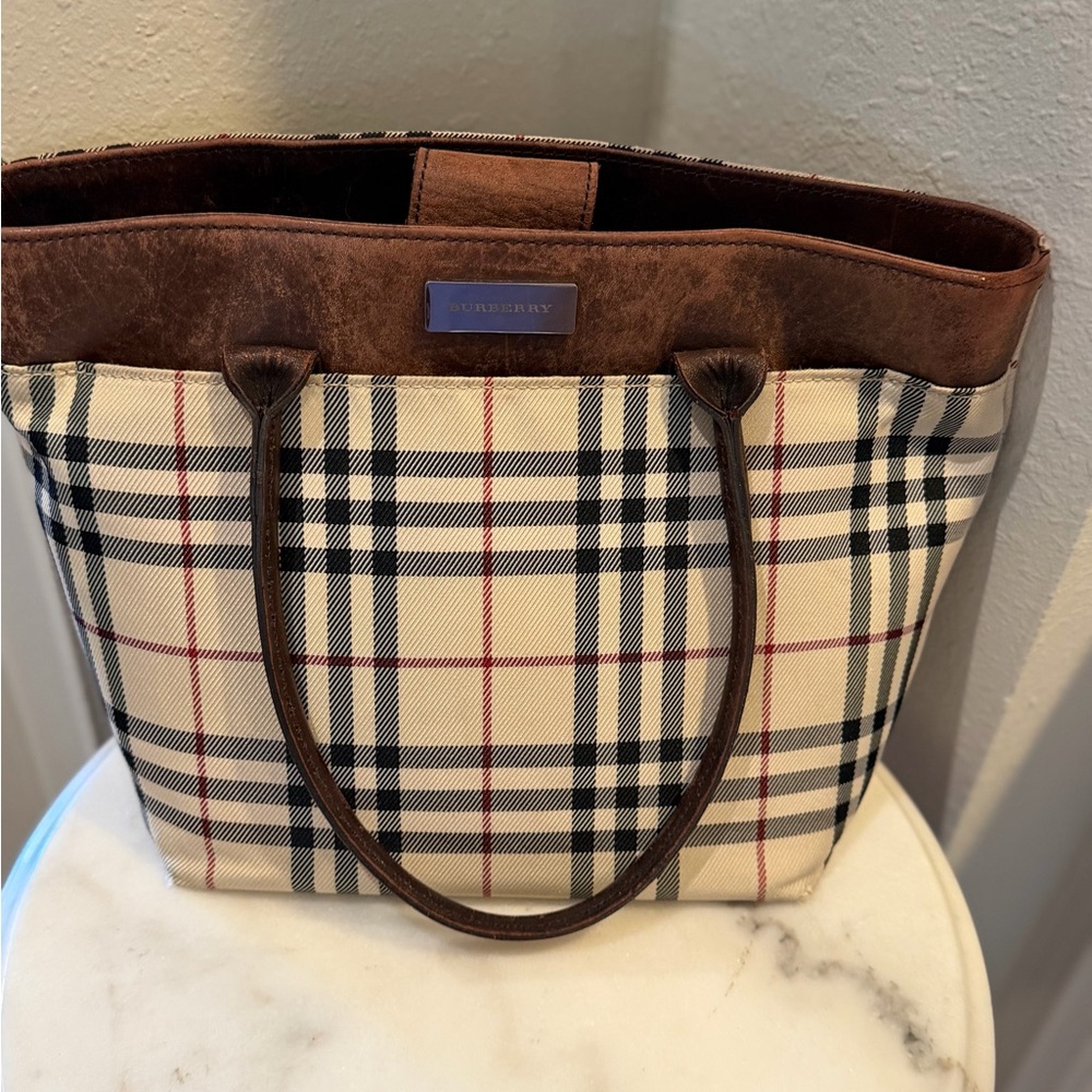 Burberry Beige Nova Check Tote with Brown Leather Trim